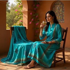 🆕Blocked Textiles teal,gold & navy geometric printed front & back dress, NWOT🩵💛💙